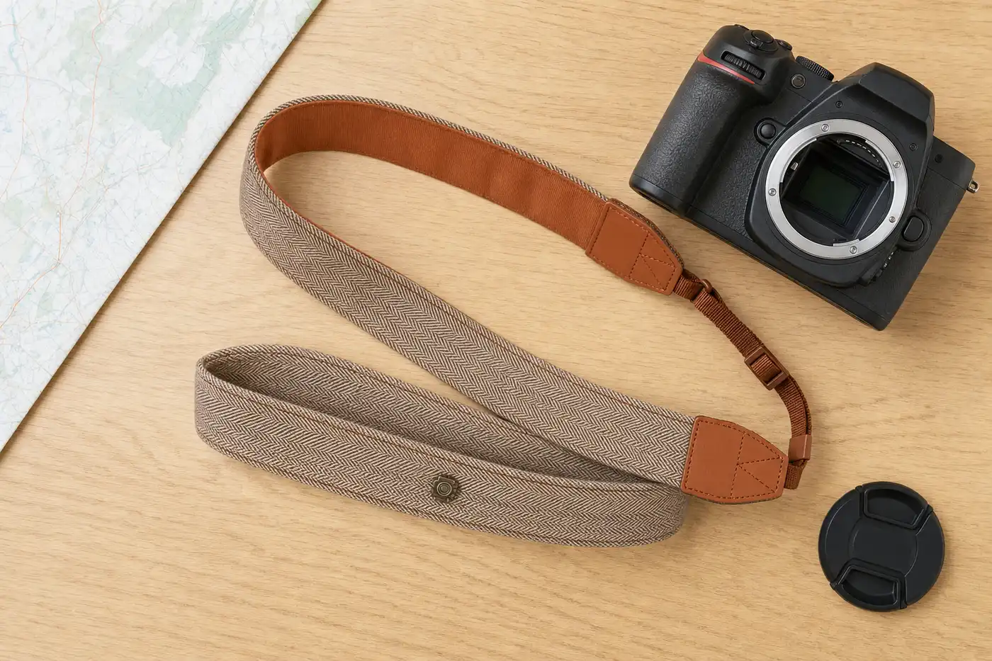 Camera strap hardware laid out on a work surface beside a camera body