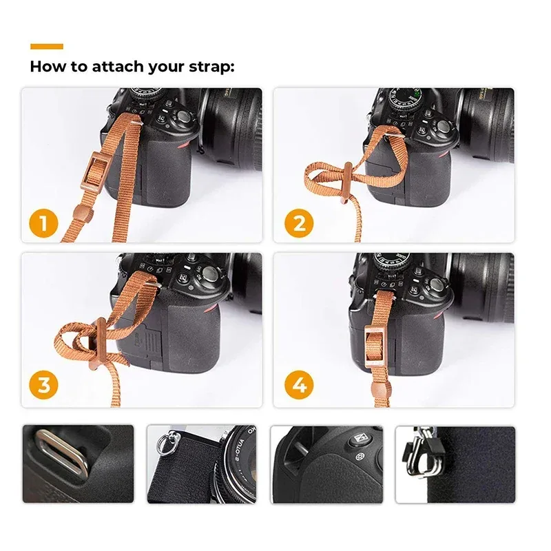 Four numbered steps showing the thin cord threaded through the camera lug, looped, pulled tight and locked with the flat tab