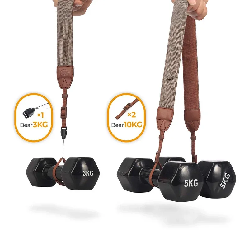 Supplier load test photo: the cotton strap holding a 3 kg dumbbell on one attachment cord and two 5 kg dumbbells on both leather tabs